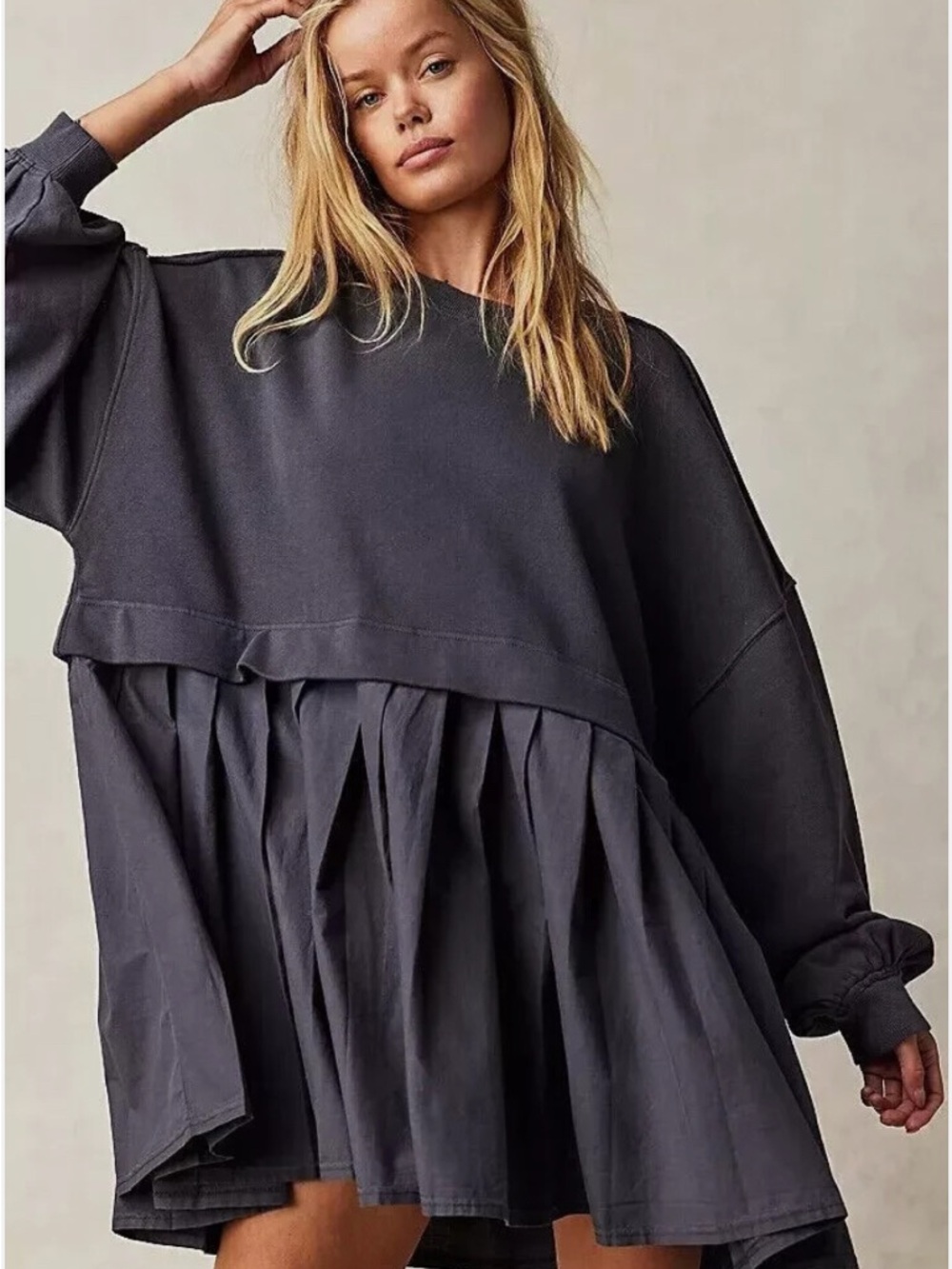 Free People Eleanor Sweatshirt Mini Dress Pleated Babydoll Oversized NWT S - Picture 5 of 15